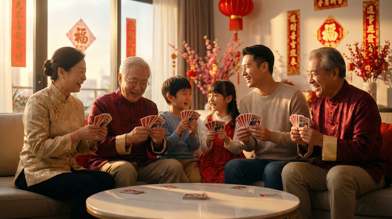 2026 Lunar New Year family gathering playing custom card games with elders and children.