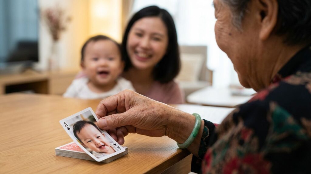 Memory matching game for seniors using custom photo cards of grandchildren.