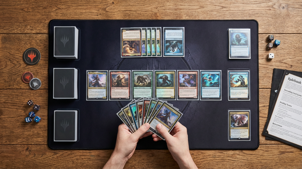 集換式卡牌遊戲的核心機制解析：圖中展示了TCG玩家如何透過盲抽卡包收集罕貴卡，並運用策略構築專屬的40至60張對戰牌組。