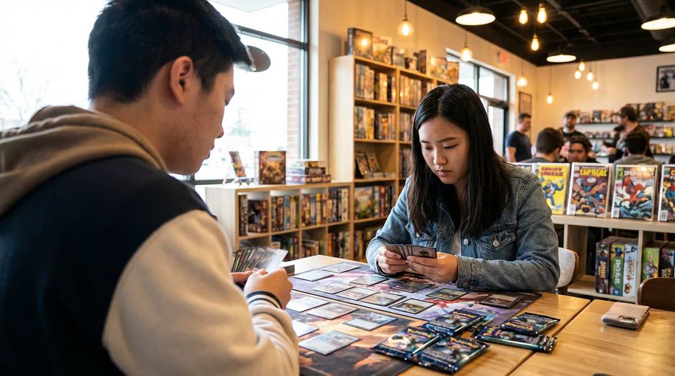 2026年集換式卡牌遊戲是什麼？這張圖展示了香港TCG玩家在實體卡牌店進行競技對戰與收集閃卡的熱烈氛圍，完美解答了交換卡牌遊戲的魅力所在。