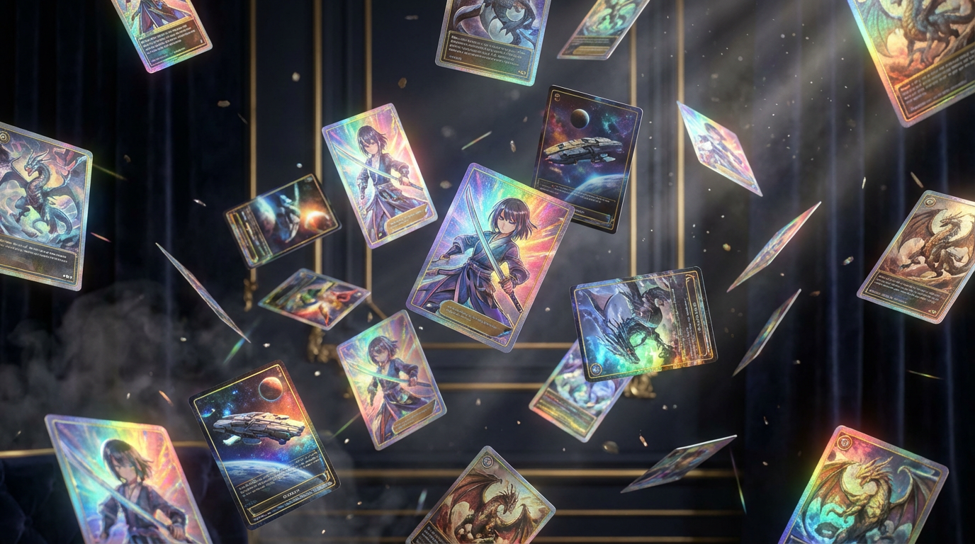 多張帶有全息閃光效果的精美卡牌在半空中懸浮，卡面包含奇幻飛龍與科幻飛船，代表 2026 年最受歡迎的十大卡牌戰鬥遊戲排行榜中的頂級收藏，同時展現 Printer Studio Plus 高品質的遊戲卡訂製工藝。