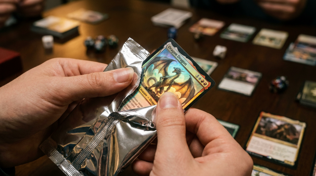 玩家雙手撕開客製化銀色盲盒卡包 (Booster pack) 的瞬間，背景為真實桌遊情境，展示 Printer Studio Plus 提供的專業卡牌與包裝袋客製化服務。