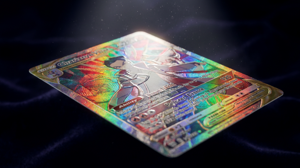 頂級客製化卡牌的雷射閃膜 (Holographic foil) 特殊工藝特寫，展示 Printer Studio Plus 高品質印刷的彩虹光影折射與細緻的卡面紋理。