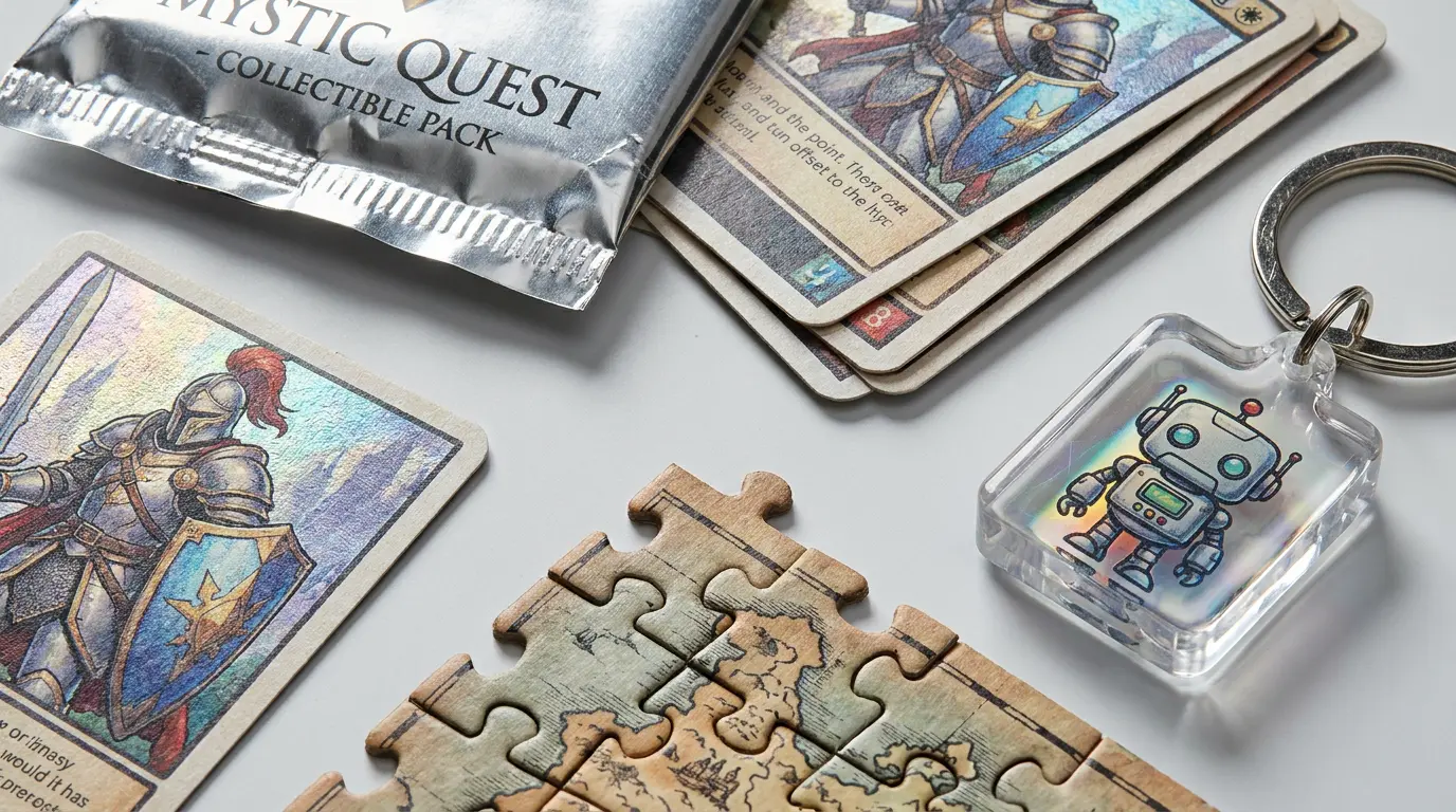 Printer Studio Plus 香港客製化周邊印製實品展示:包含專為 IP 創作者打造的 Mystic Quest 盲盒卡包、雷射閃膜騎士 TCG 卡牌、復古地圖客製化拼圖與機器人壓克力鑰匙圈。